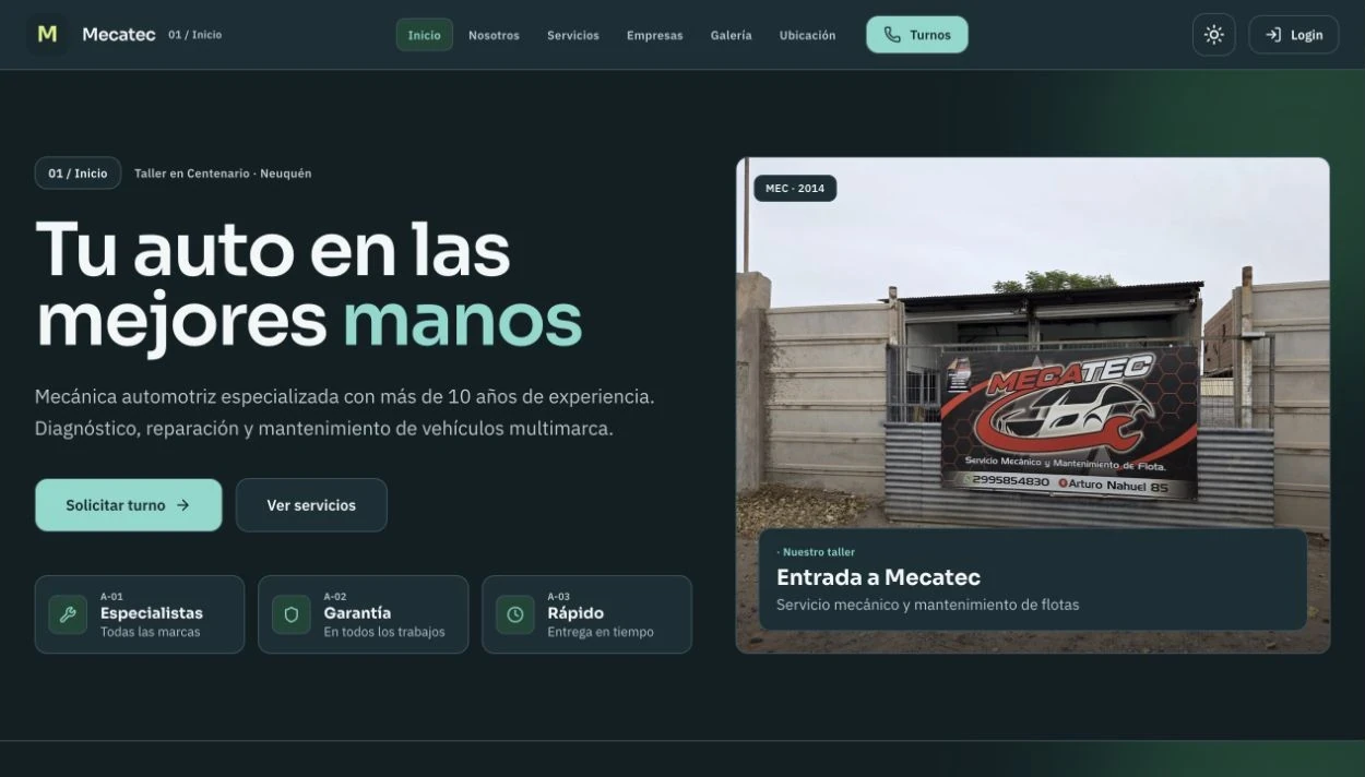 Portada de Mecatec: diseño verde oscuro, el mensaje «Tu auto en las mejores manos» y una foto de la entrada del taller.