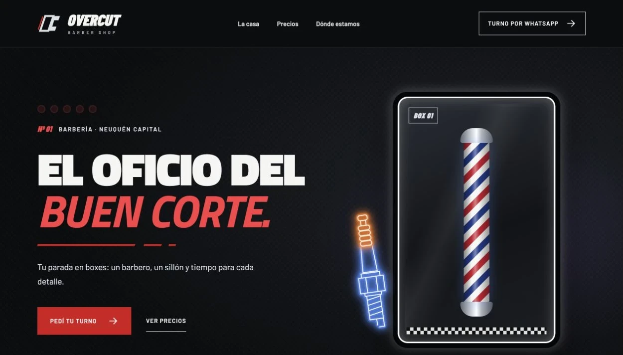 Portada de Overcut: diseño negro y rojo, el mensaje «El oficio del buen corte» y un poste de barbería iluminado.